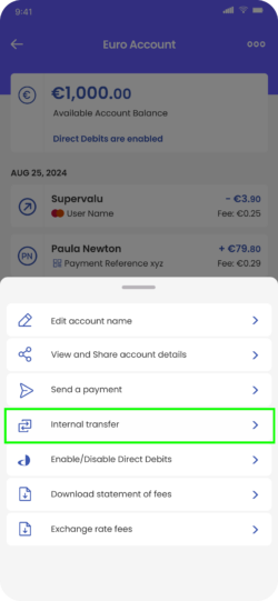 Fire Personal mobile app screen showing the account actions menu, with Internal transfer highlighted