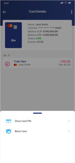 The Card Details screen from the Fire for business mobile app 