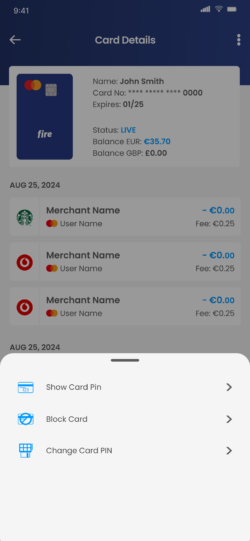 A screenshot of the Fire Business App Card actions menu