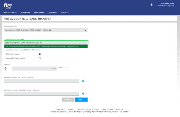 Fire business bank transfer screen