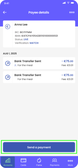Fire Personal app Payee details screen