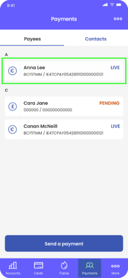 Fire Personal app Payees screen