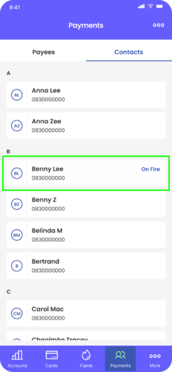 Fire Mobile App contacts screen