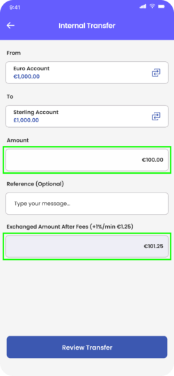 Fire Business mobile app Internal transfer screen where usr has entered an amount and the 'exchanged amount after fees' is displayed
