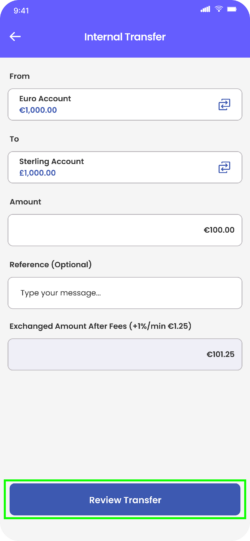 Fire Personal mobile internal transfer screen with 'Review transfer' button highlighted