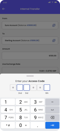 Fire Personal mobile app - internal transfer screen where user is prompted to enter 3 digits of their access code