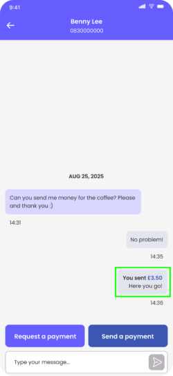 Fire Personal app contact chat screen with payment sent to the contact