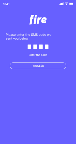 Fire Personal app screen asking the user to enter an SMS code