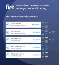Visual representation of centralised business expense management, showing individual accounts for Best Production Ltd across five branch locations—Dublin, Cork, Belfast, Manchester, and Edinburgh. Each branch has its own account balance and IBAN or sort code, with multiple debit cards linked to each branch to indicate controlled and branch-specific spend tracking.