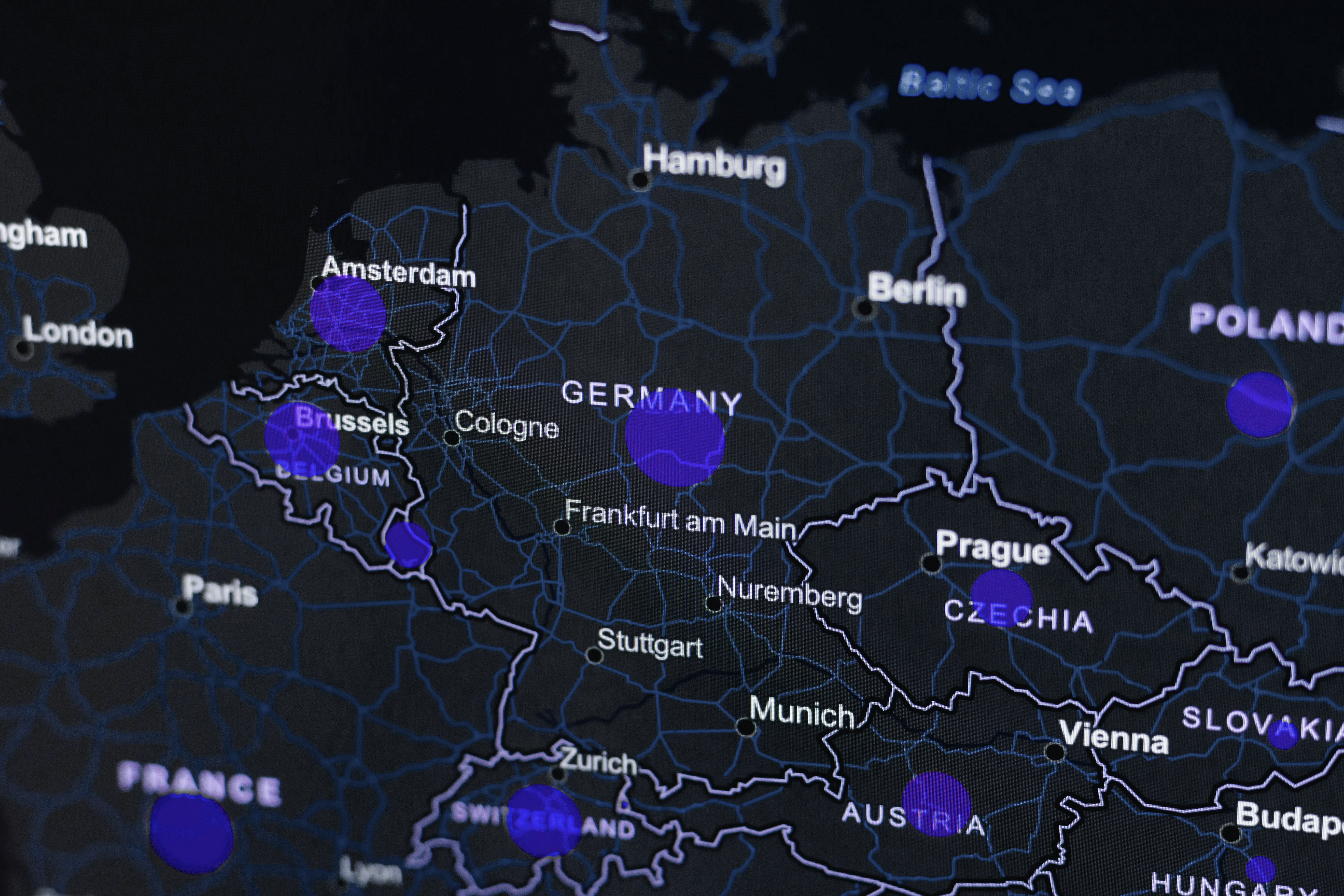Map of Europe highlighting certain countries and cities.