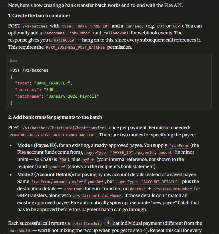 Screenshot of Fire API documentation for creating a bank transfer batch and adding payments.
