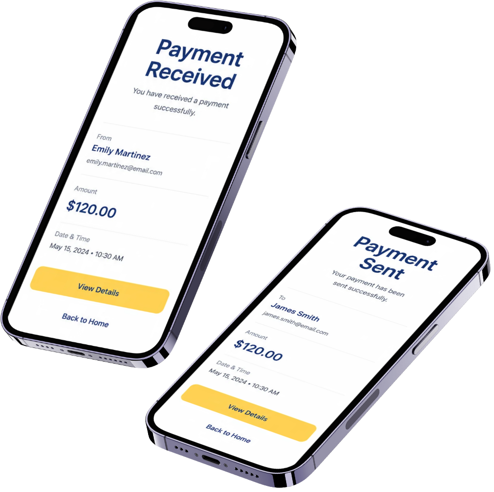 Two phones displaying payment notifications, one showing “Payment sent” and the other “Payment received”.
